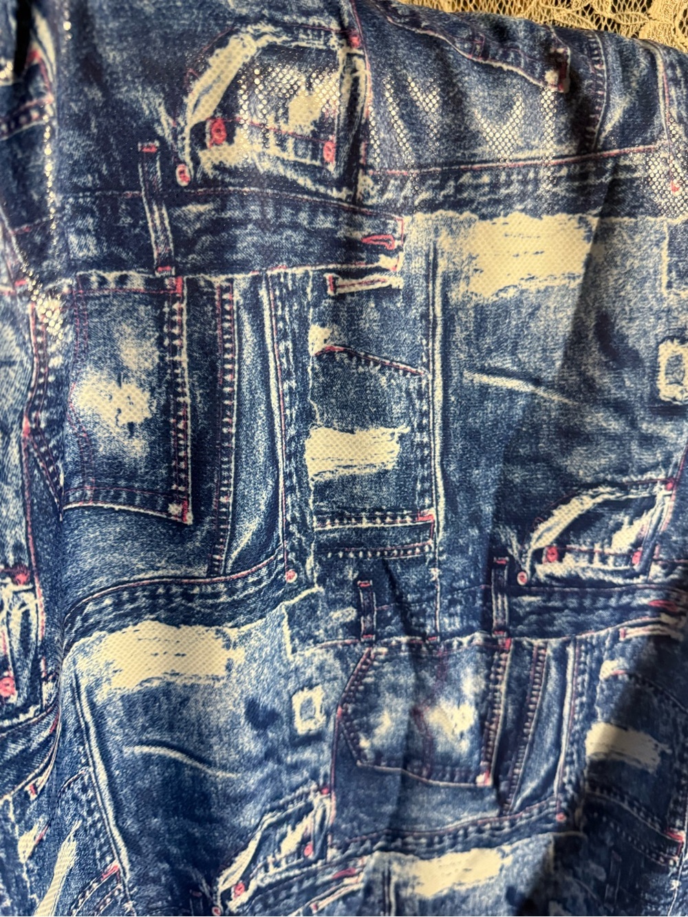 Vintage poly spandex fabric 2 yards denim print hot pink accents brand new
